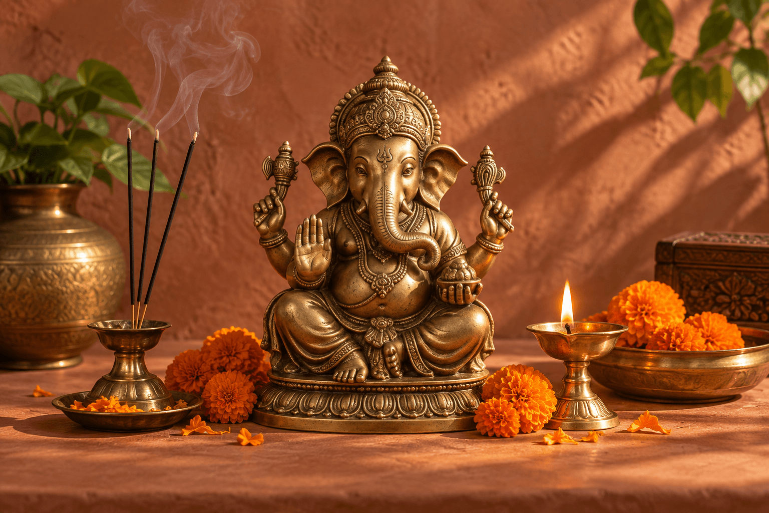 Brass Ganesha idol with marigolds, a glowing diya and incense